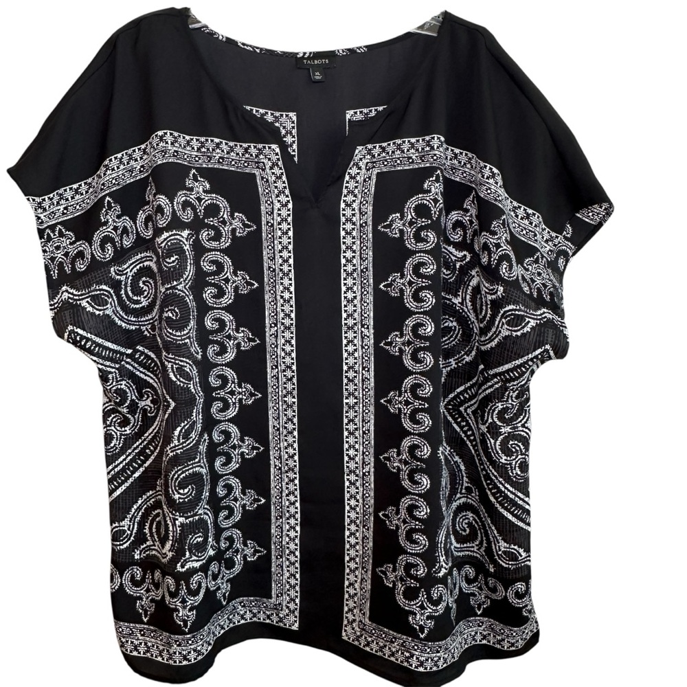 Talbots Black and White Ornate Blouse